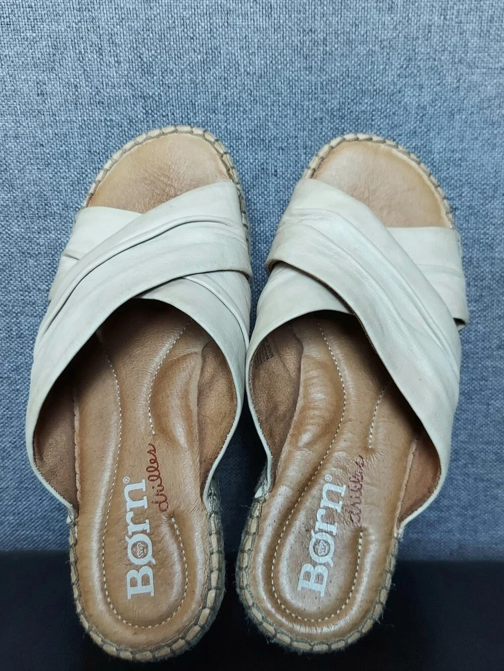 BORN Espadrille Cream Criss Cross Ruched Leather Sandals Women 8